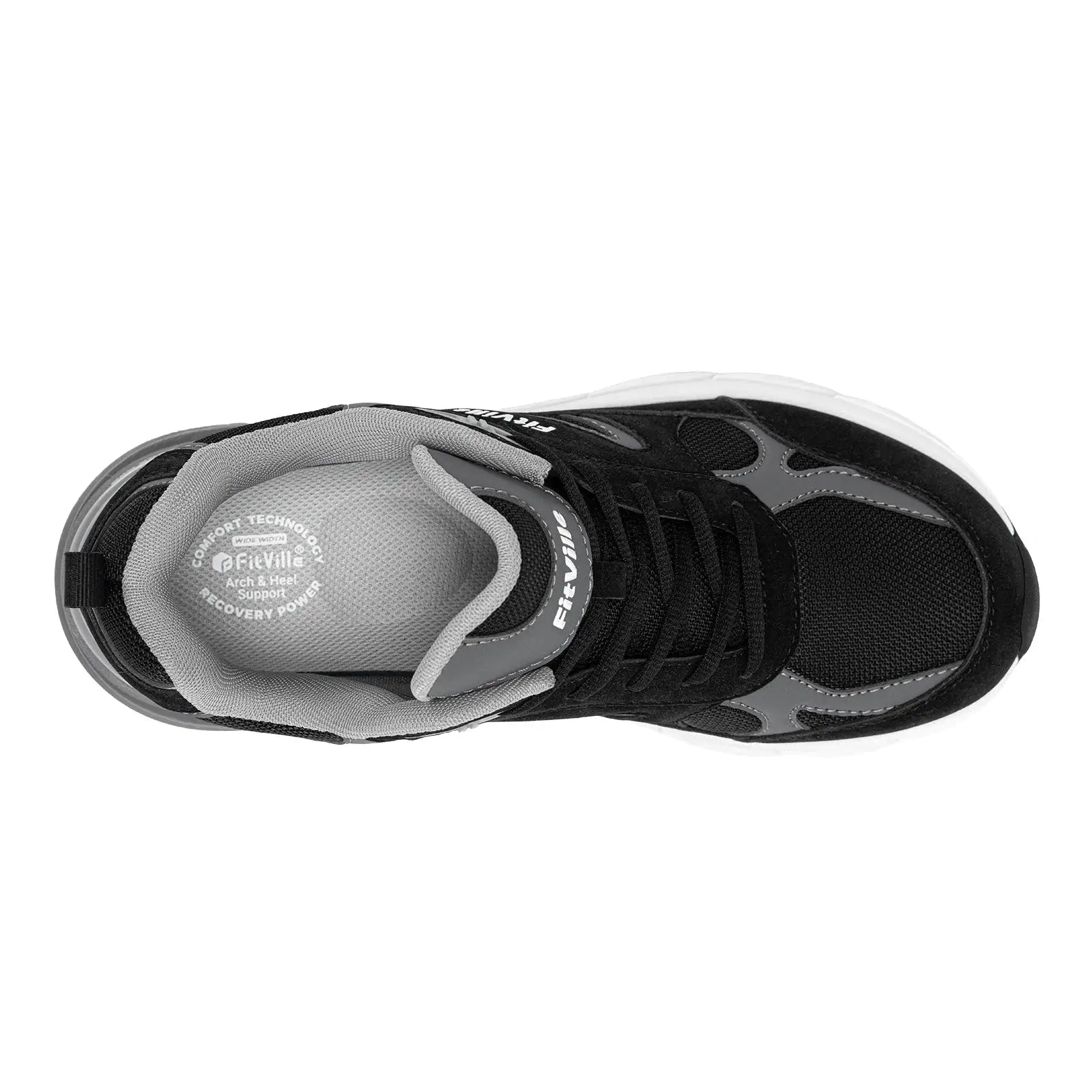 FitVille men's walking shoes, black and gray wide-width sneakers with mesh upper and arch support