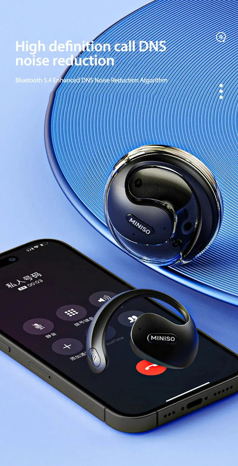MINISO X15Pro Bluetooth translation headset; wireless black earphones with MINISO logo