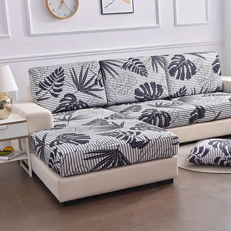 Elastic sofa cushion covers by Simples Market for L-shaped couch with black floral print, removable