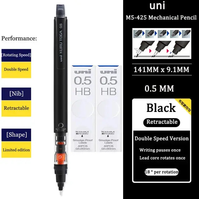 UNI Kurutoga M5-452 black mechanical pencil with 0.5mm HB lead; includes two lead boxes