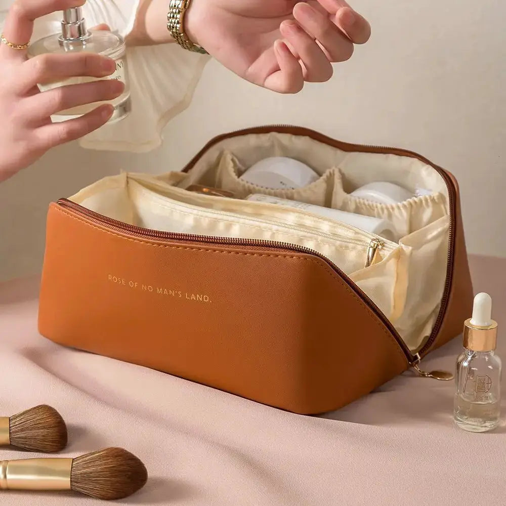 VoyageMate Large Capacity PU Leather Cosmetic Bag Travel Toiletry Organizer for Women Multi Compartment Design