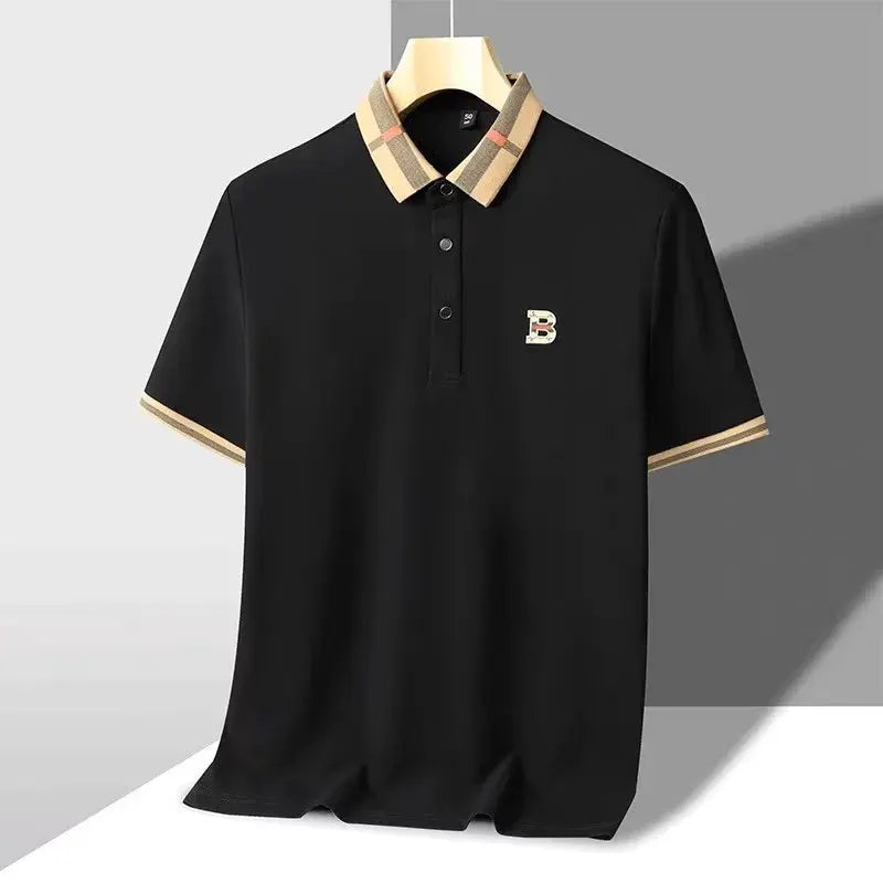 Simples Market black short-sleeve polo shirt for men with beige plaid collar and sleeve cuffs, embroidered B logo