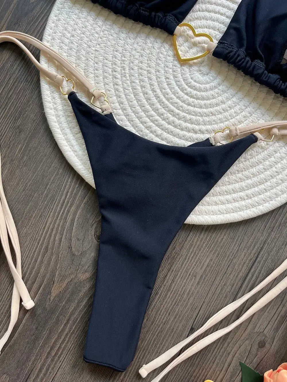 RUOTONSEPT sexy halter bikini set in black with beige straps and gold heart rings, two-piece swimsuit.
