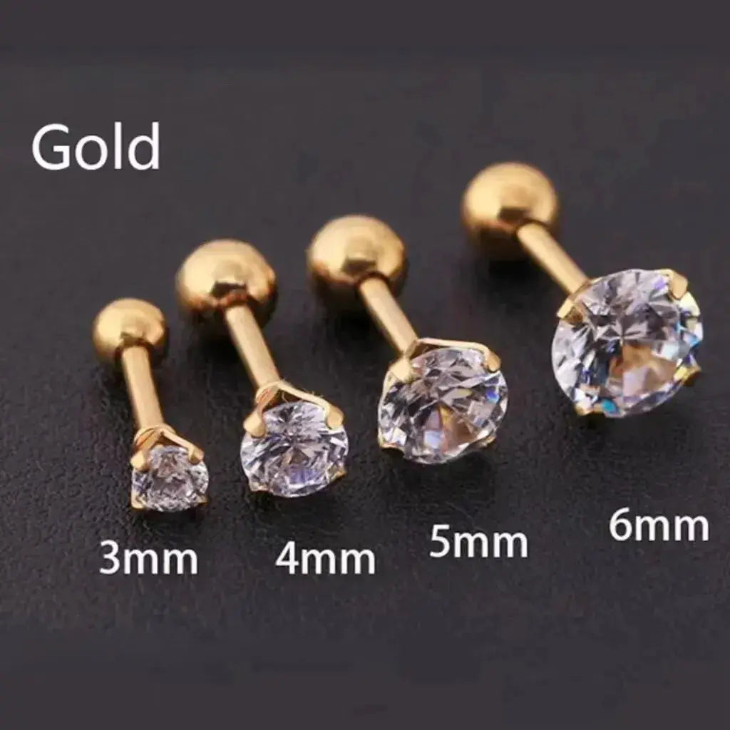 Gold-tone crystal stud earring set; four-piece collection in 3mm, 4mm, 5mm, and 6mm sizes