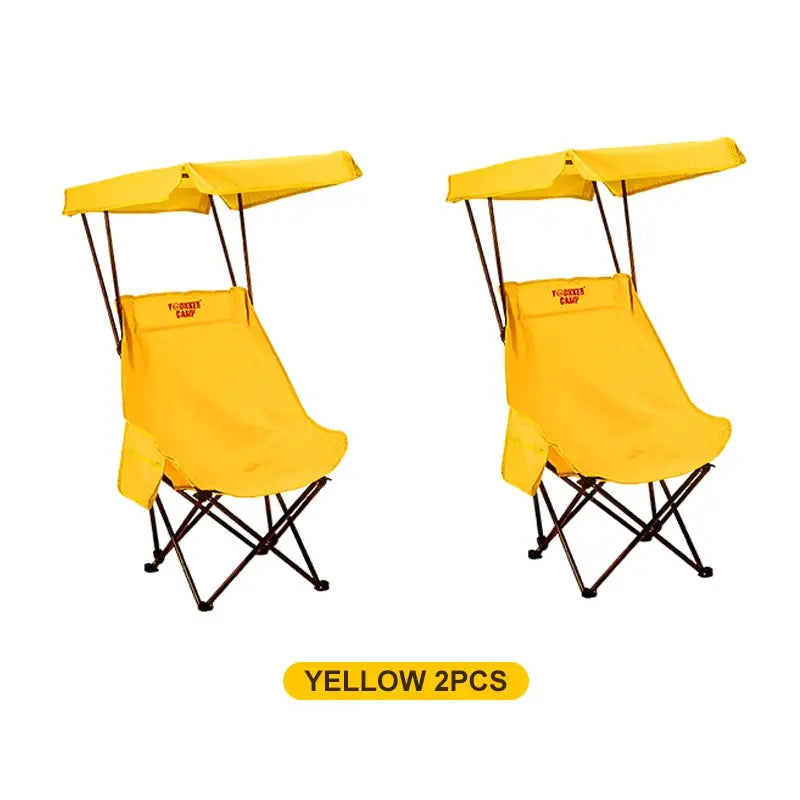 Two yellow outdoor folding moon chairs with canopies for camping, 2pcs.