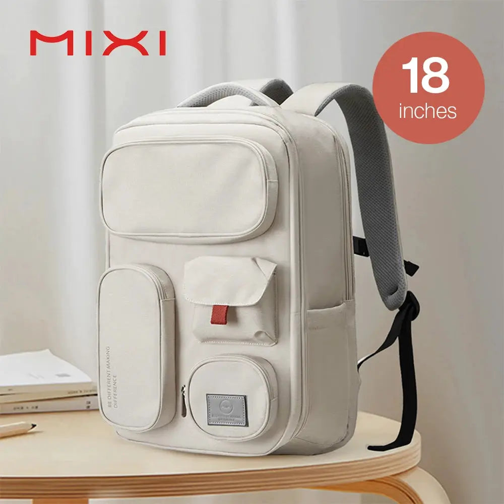 Mixi 18-inch outdoor backpack in cream with multiple front pockets and padded straps