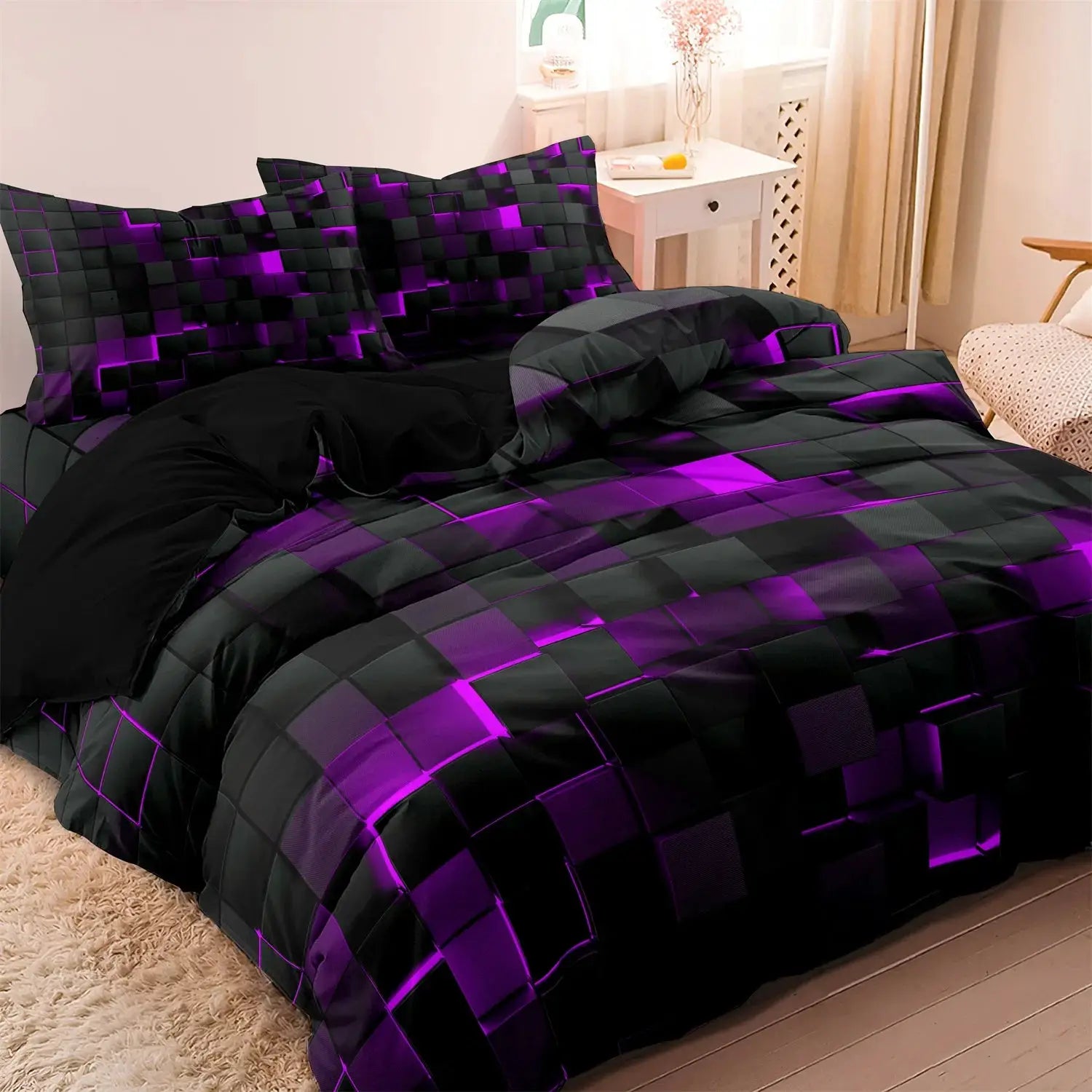 Simples Market 3-piece duvet cover set in black and purple geometric plaid; includes duvet cover and 2 pillowcases