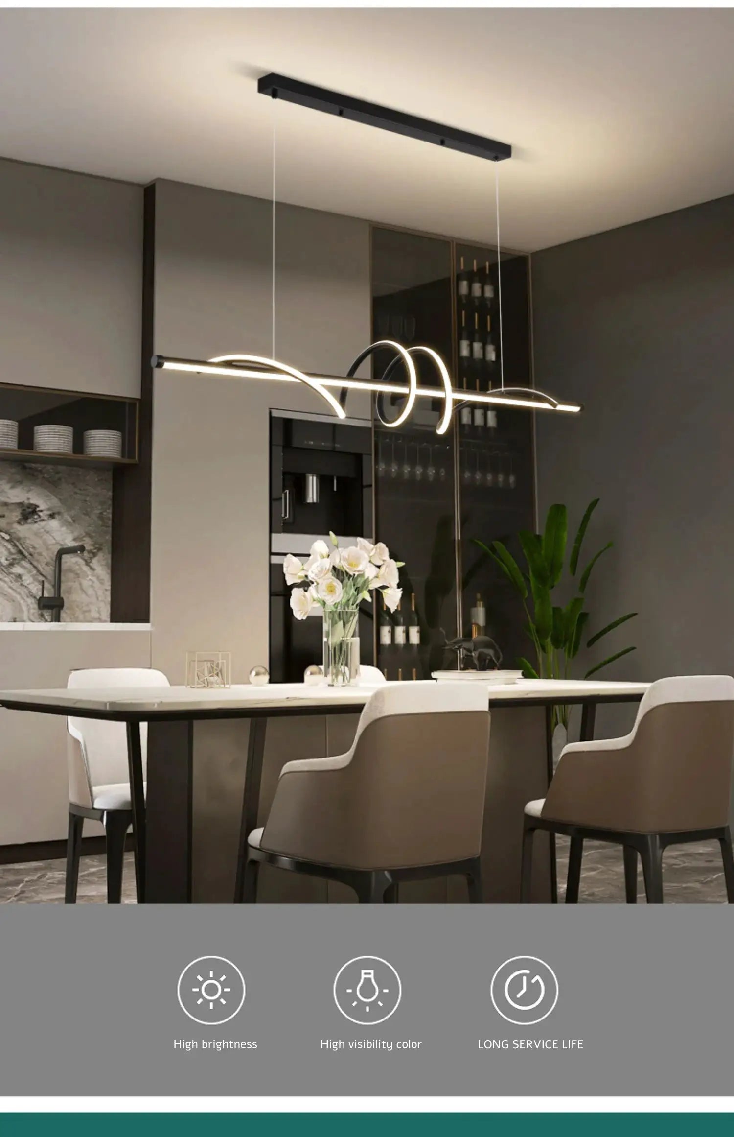 Modern LED pendant light with glowing circular rings and a black metal bar over the dining table