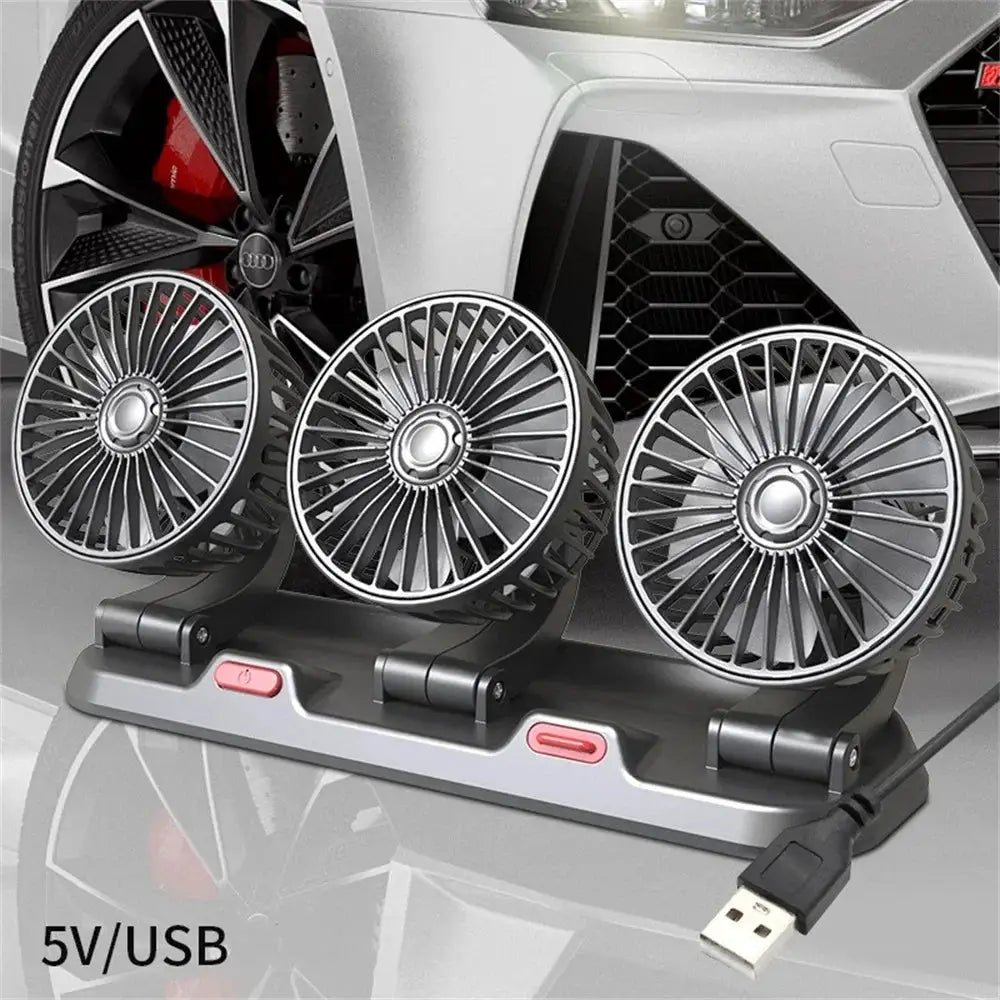 Simples Market 3-head USB car fan on a base with adjustable 360° heads; 5V USB powered desk/auto air cooler