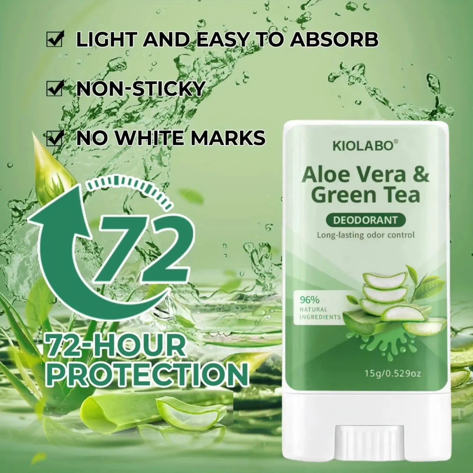 Kiolabo Aloe Vera & Green Tea deodorant tube with long-lasting odor control