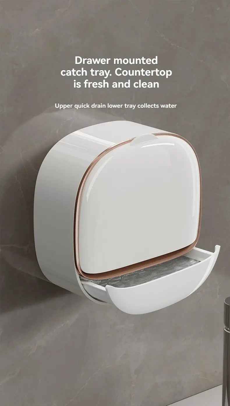 Simples Market wall-mounted waterproof soap holder for shower; white with rose-gold trim and drainage tray.