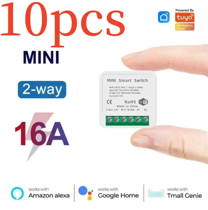 White Mini 16A WiFi smart switch module (10pcs), 2‑way by Simples Market; works with Alexa and Google Home, Tuya-powered.