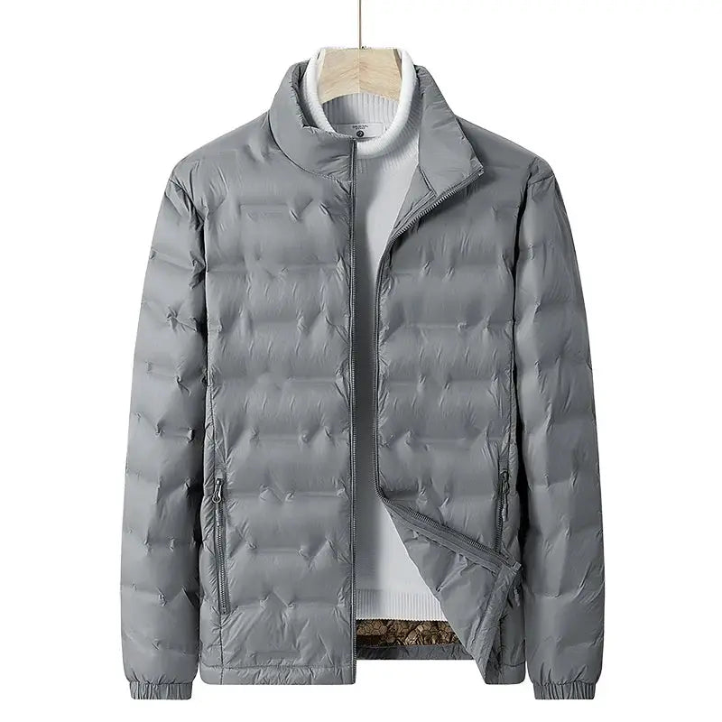 Men's Simples Market grey down puffer jacket with detachable hood; waterproof, windproof, lightweight