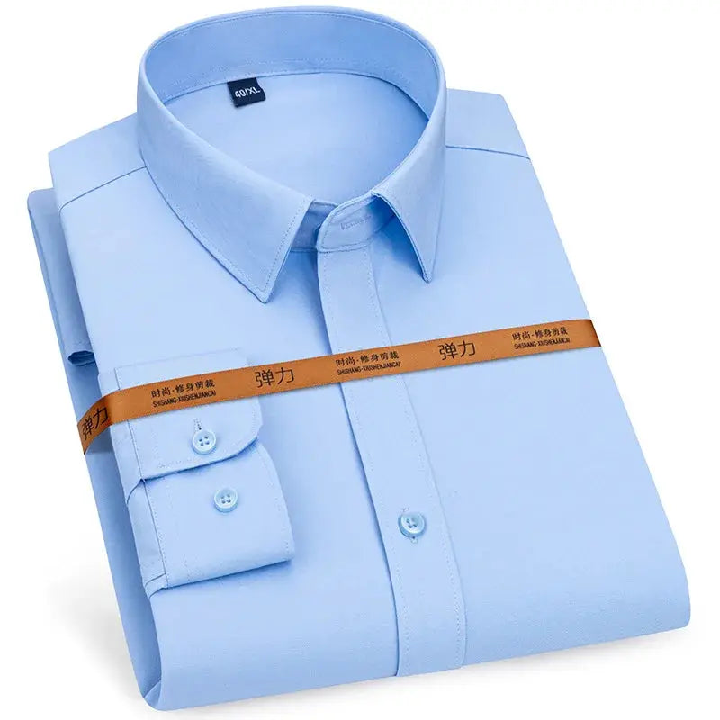 Men's light-blue solid dress shirt, long-sleeve, slim-fit, no-iron, breathable.