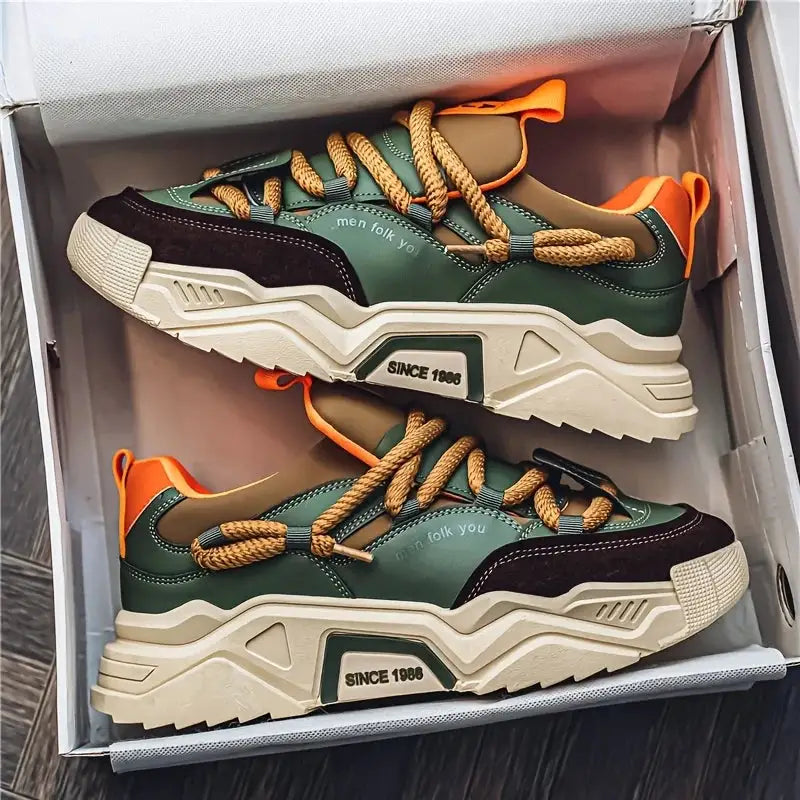 Simples Market men's casual sports shoes, green and beige with orange accents, 2 sneakers
