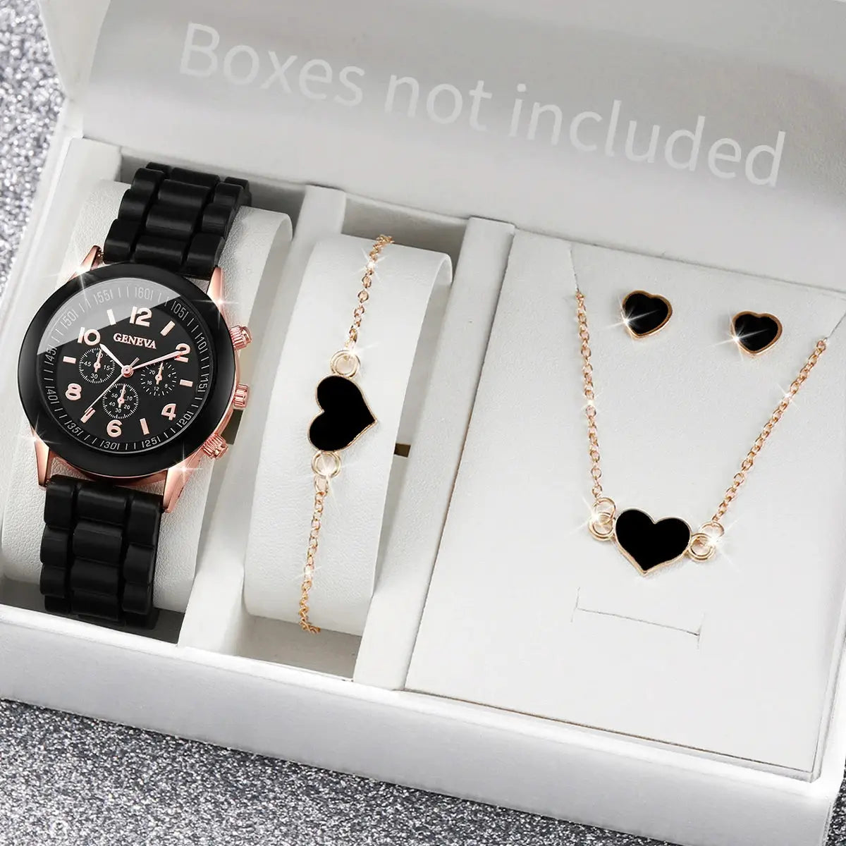 Women’s 5pc watch and heart jewelry set with black silicone band and rose-gold accents (Geneva)