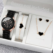 Women’s 5pc watch and heart jewelry set with black silicone band and rose-gold accents (Geneva)