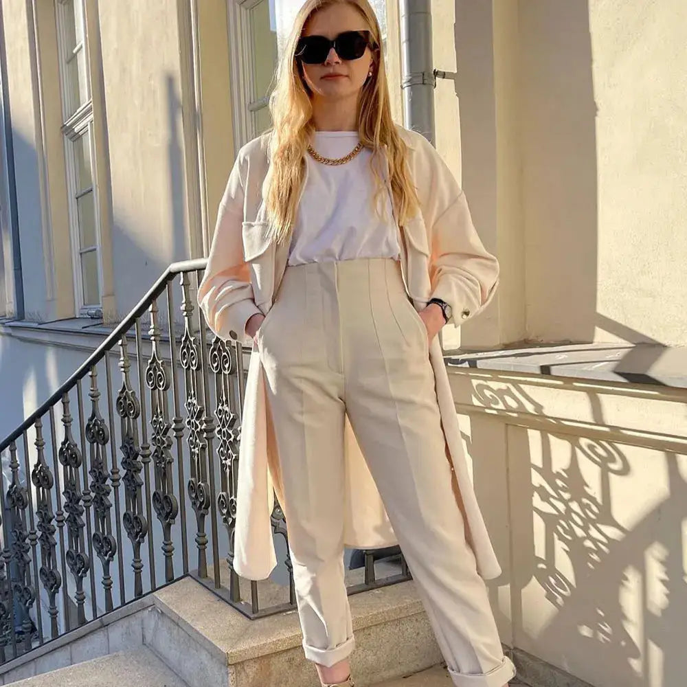 Duoperi Women High Waist Trousers Solid Color Premium Polyester Blend for Comfort and Flattering Fit