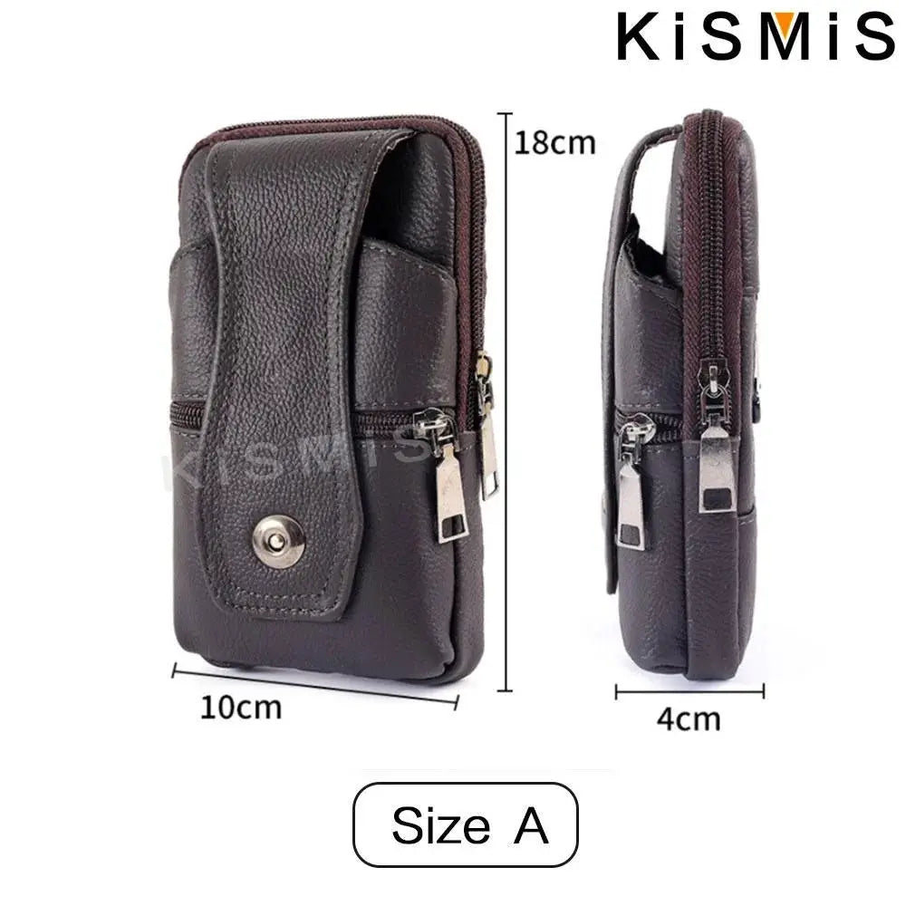 KISMIS men's leather waist bag with shoulder strap, multifunction fanny pack, black-brown leather, size A