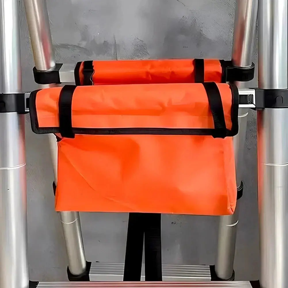 Folding ladder tool storage bag from Simples Market, orange Oxford cloth, attached to ladder rungs