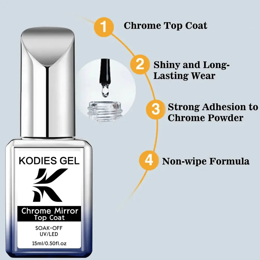 KODIES Chrome Top Coat Gel Nail Polish - UV Gel Finish, 15ML, No Wipe, Semi - Permanent - Simples Market