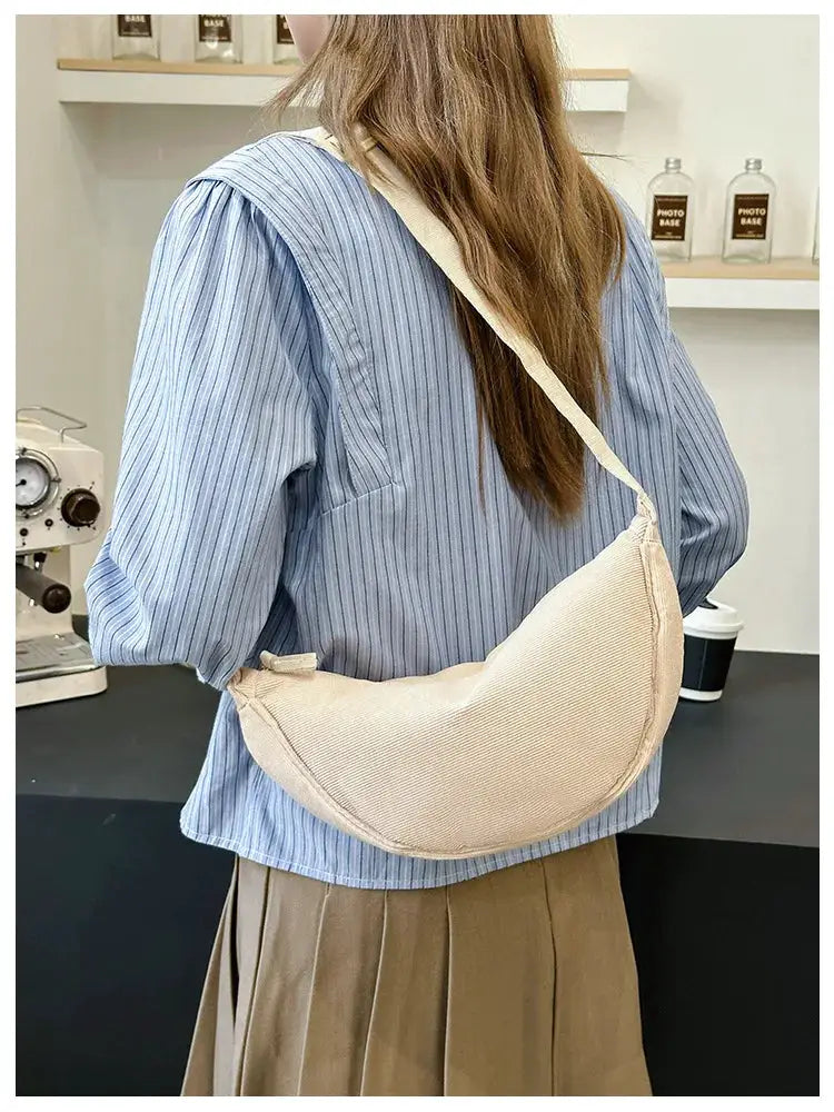 Corduroy beige hobo crossbody bag for women with long strap, retro casual handbag