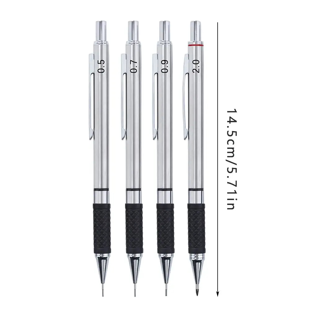 Simples Market metal mechanical pencil set with black grips; 0.5/0.7/0.9/2.0mm leads, four pencils.
