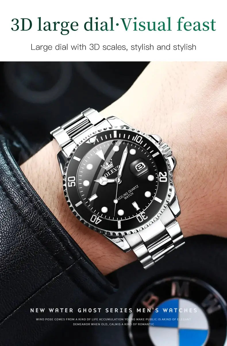 OLEVS men's stainless steel diver watch with black dial, date window, and silver bracelet.