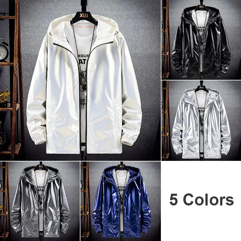 Men's shiny hooded bomber jacket in 5 colors (white, black, silver, gray, blue) by Simples Market