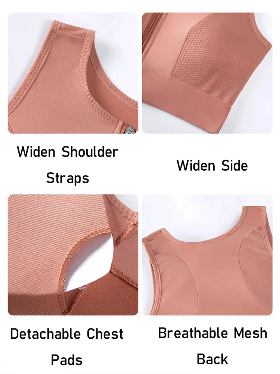 Plus-size pink Simples Market front-closure longline sports bra with removable pads and breathable mesh back.