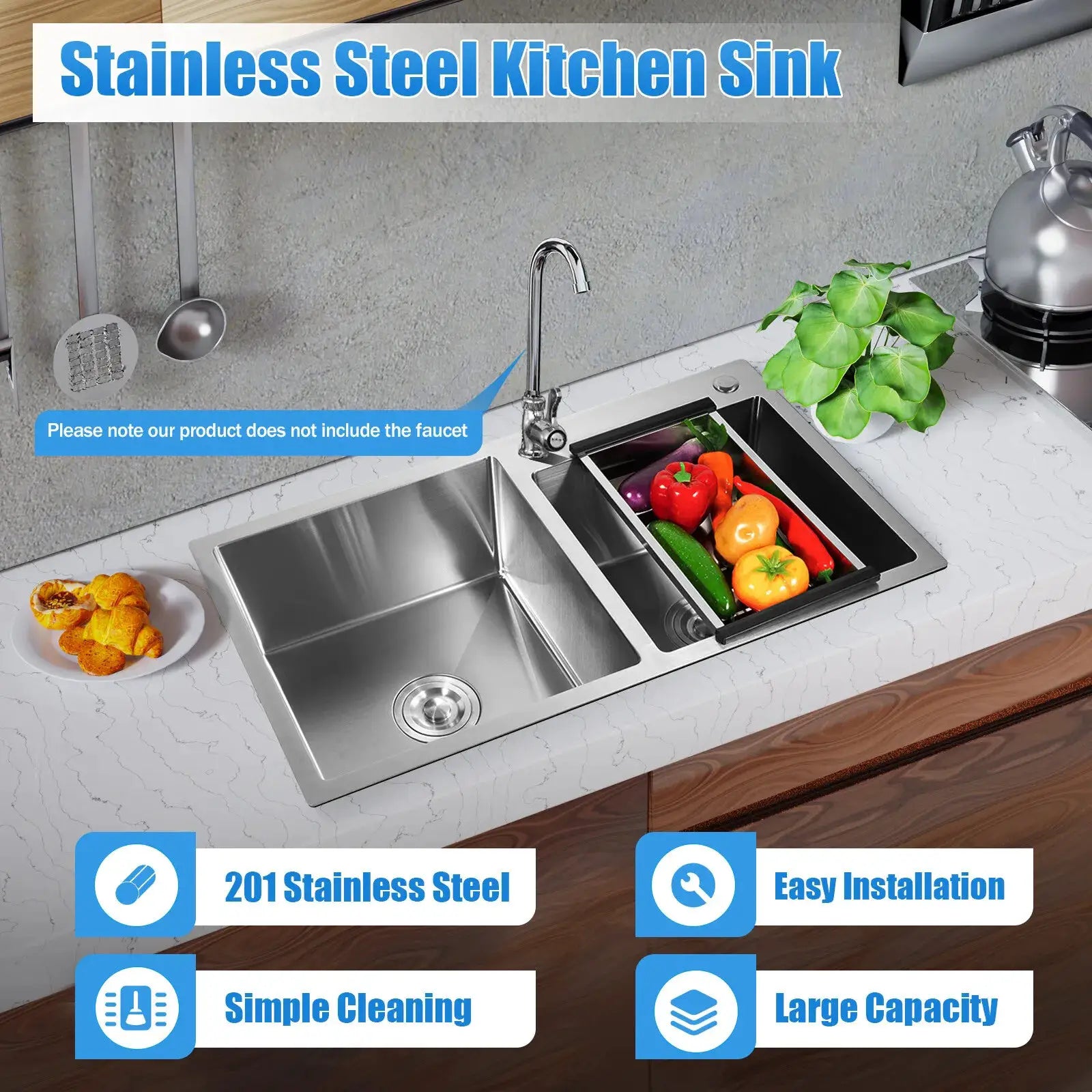 Simples Market stainless steel double-bowl drop-in kitchen sink with noise-reduction, anti-condensation, easy to clean