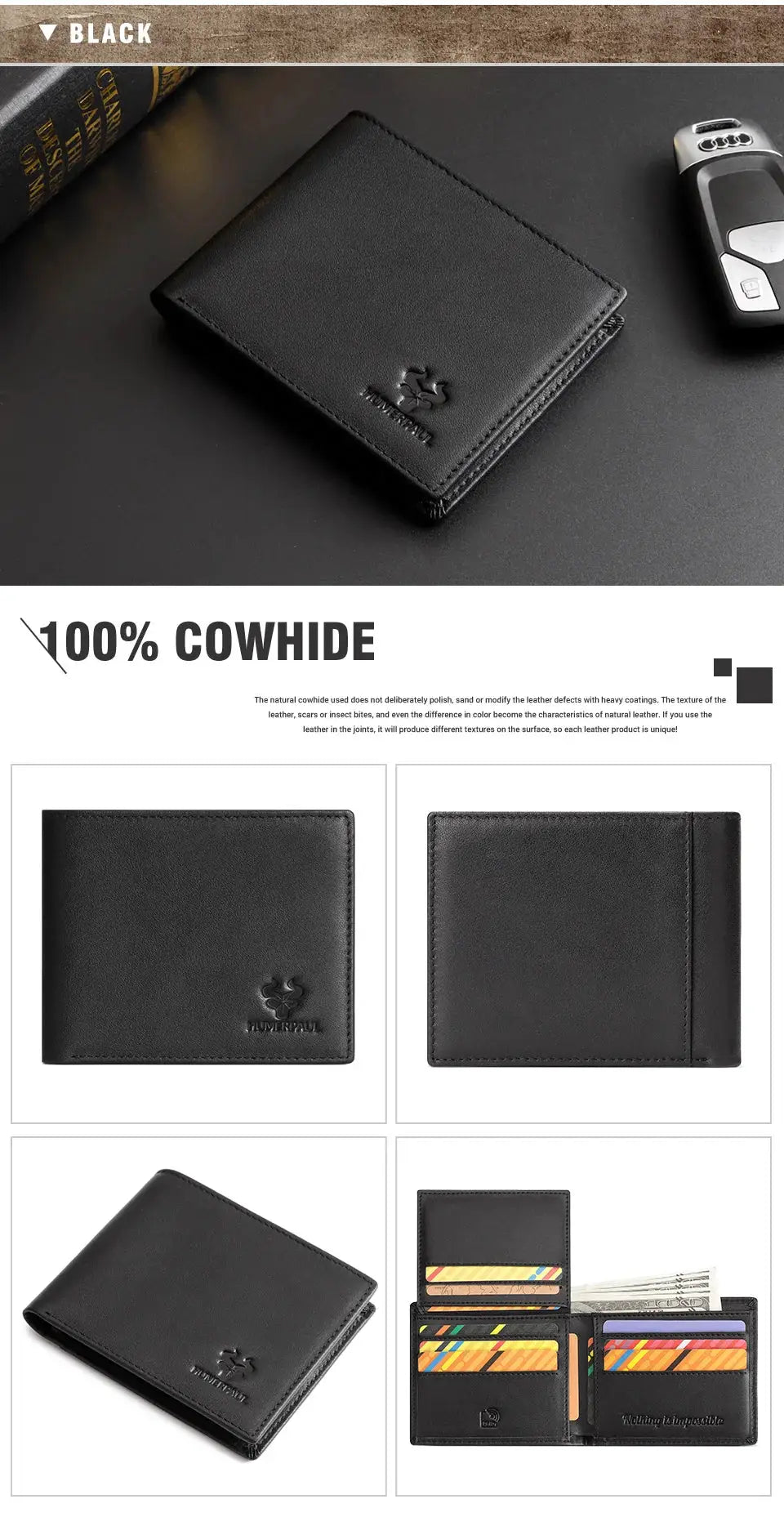 KAVIS handmade black genuine leather wallet for men with RFID card holder and ID window, large capacity