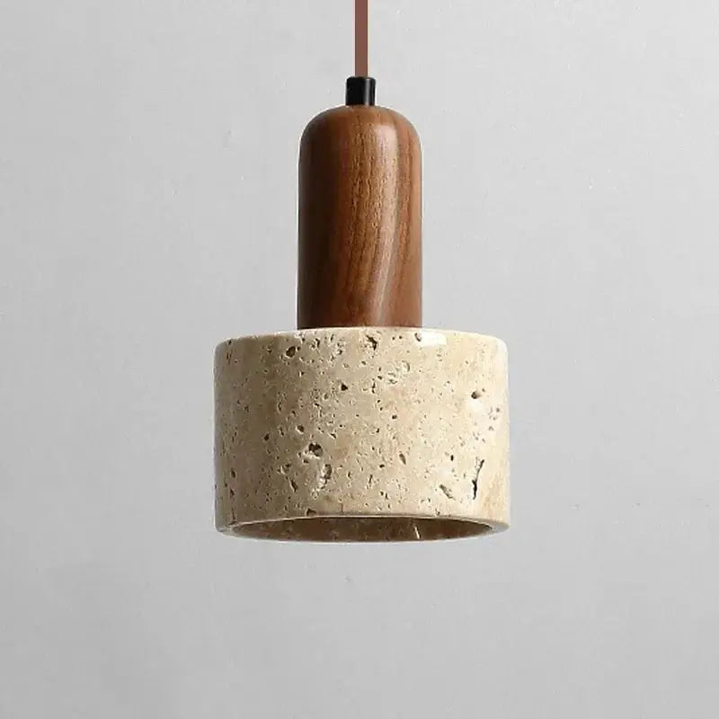 Pendant lamp by Simples Market; travertine stone drum with wood top and brown cord