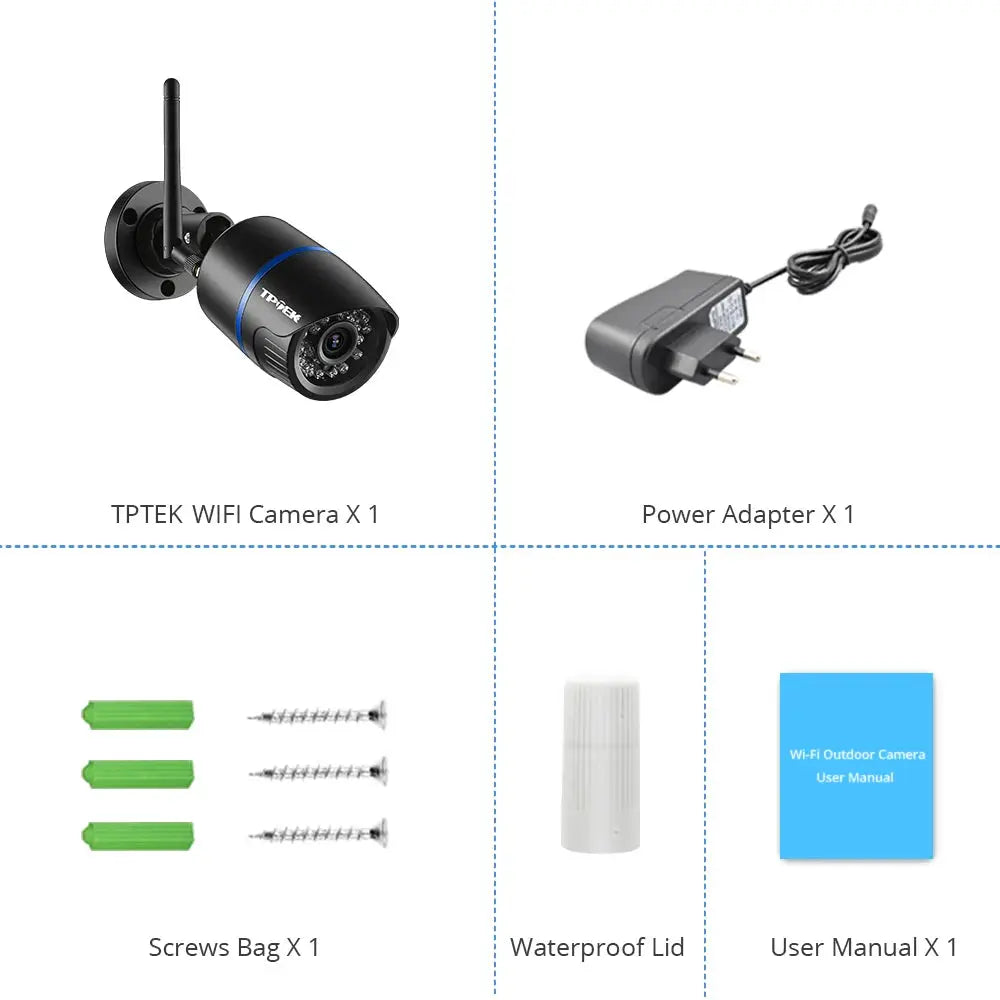 TPTEK WiFi outdoor security camera X1 black with power adapter X1, screws bag X1, waterproof lid, and user manual X1
