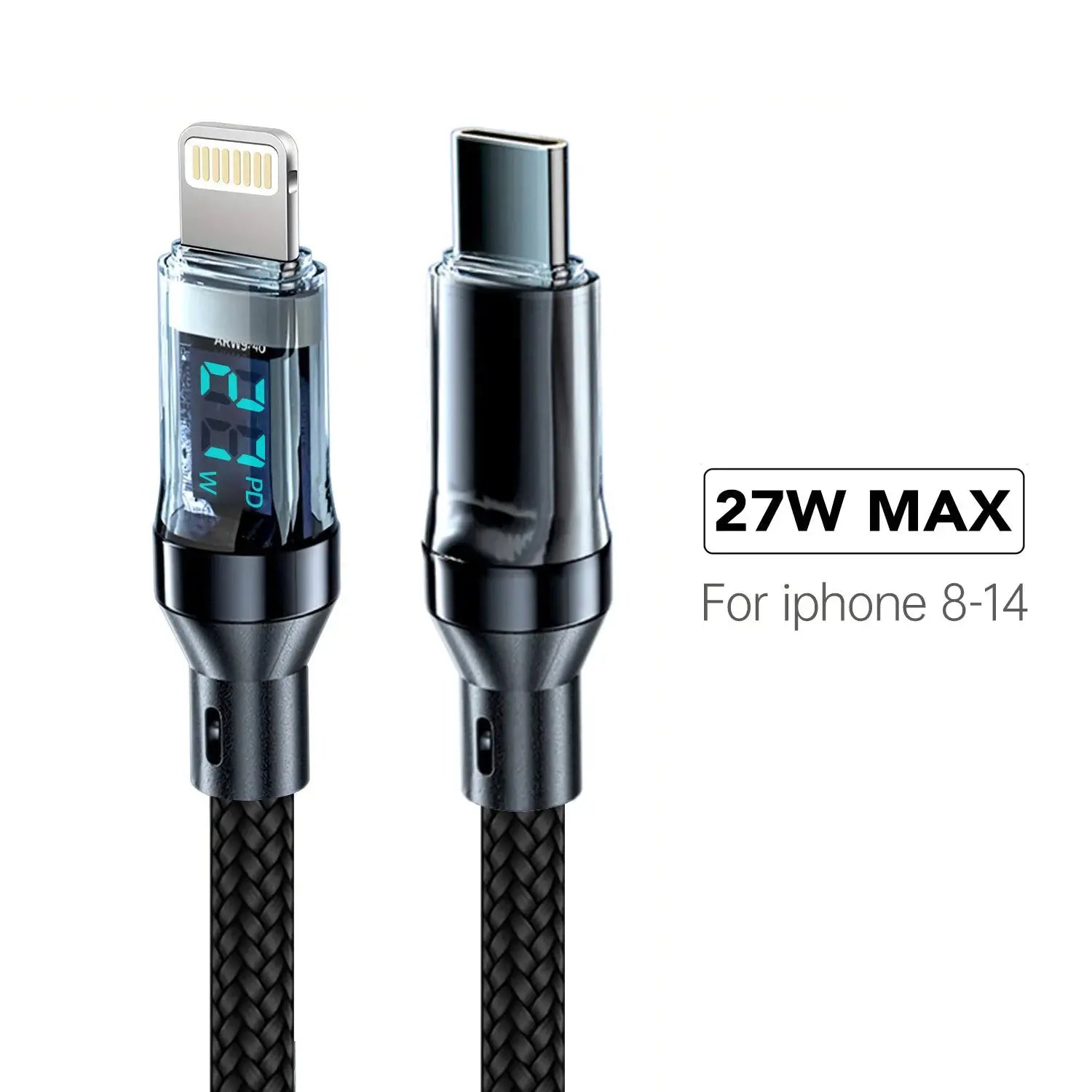 OOZCC LCD watt-display cable with braided black USB-C to Lightning connectors, 27W max PD for iPhone 8–14