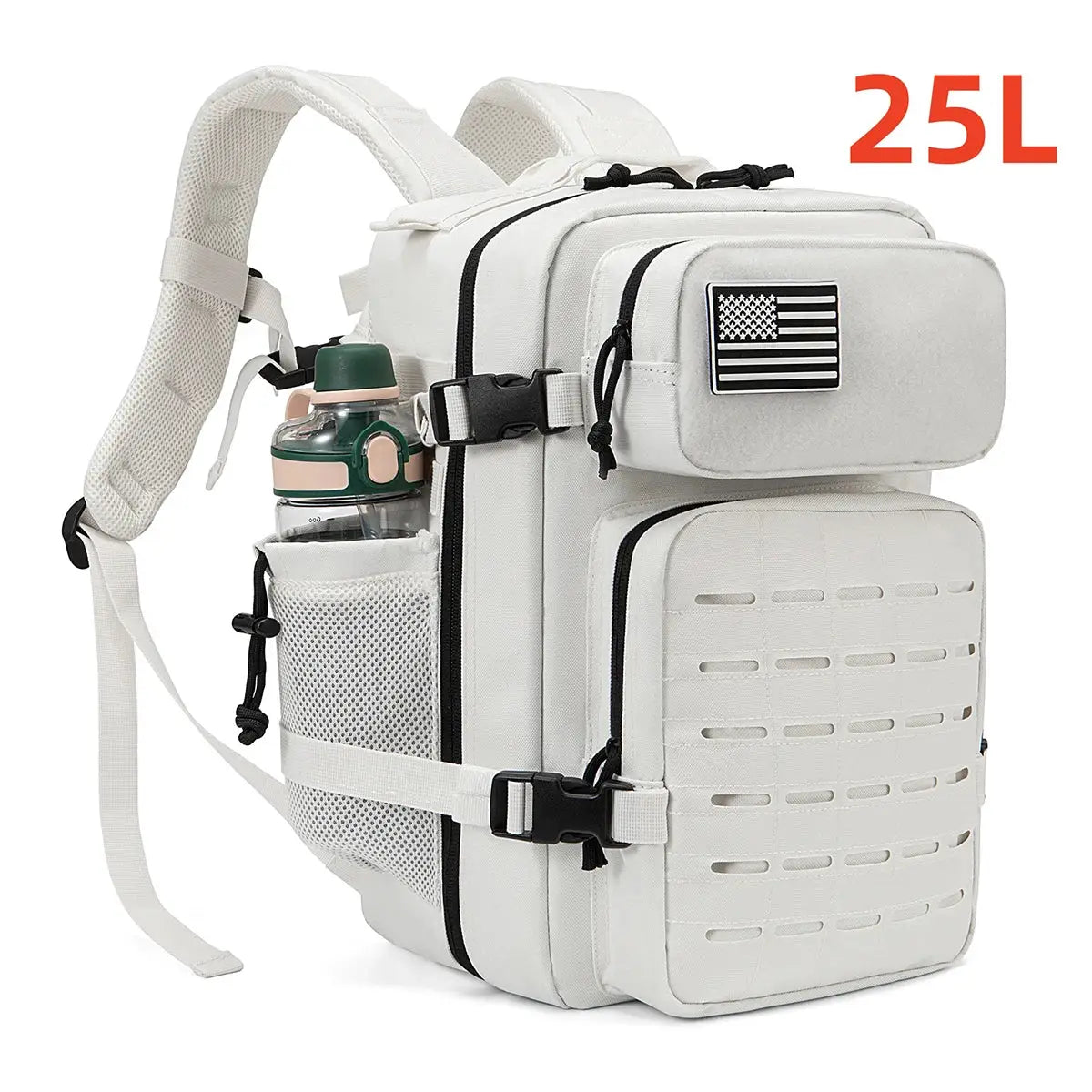 White 25L tactical backpack with water bottle holder, front MOLLE panel, and US flag patch