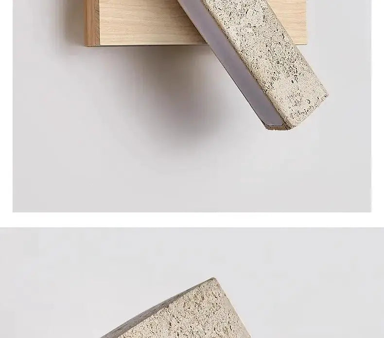 Simples Market natural stone wall lamp sconce with wood mount, beige textured stone