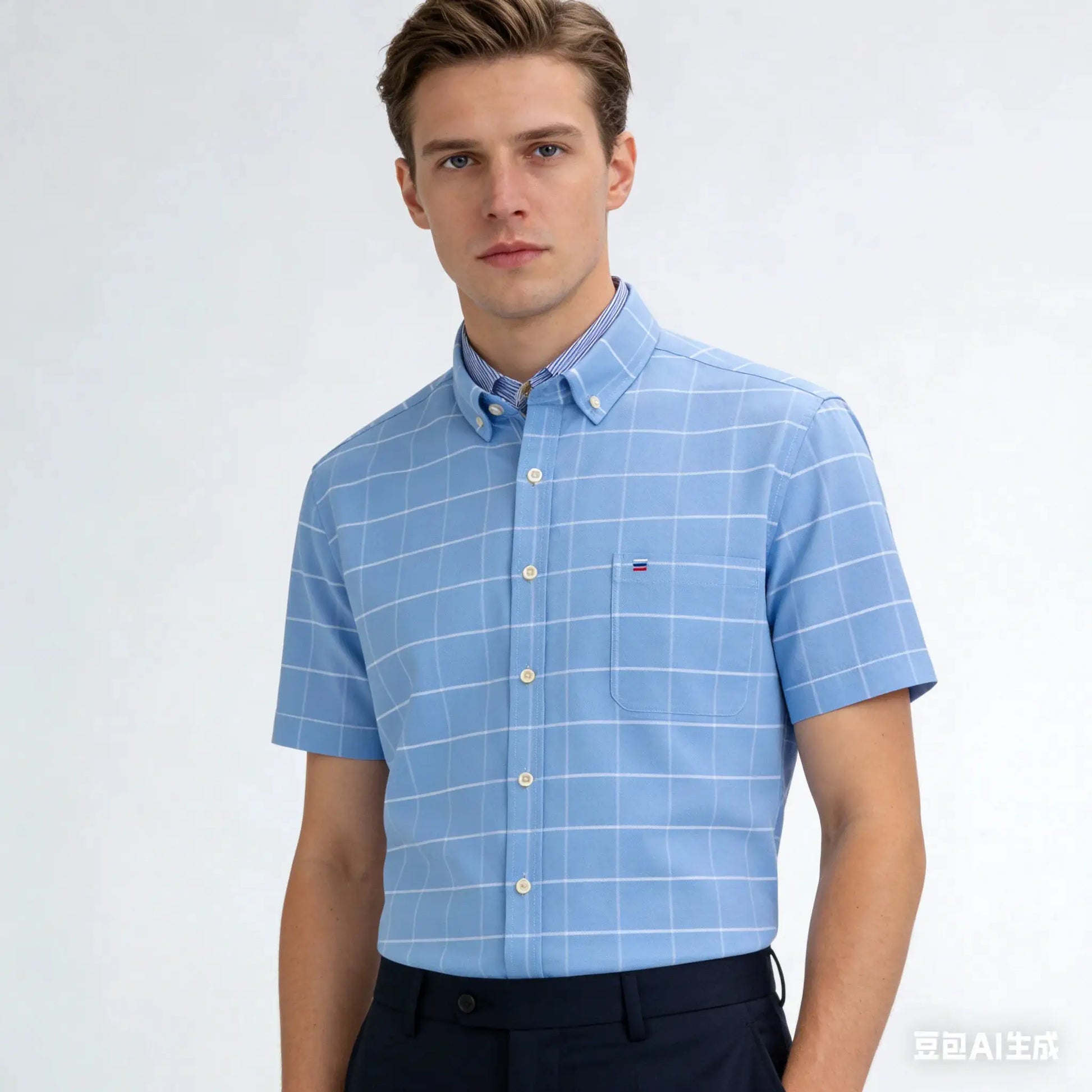 Blue plaid Oxford short-sleeve men's shirt, 100% cotton breathable, button-down collar, chest pocket, Simples Market