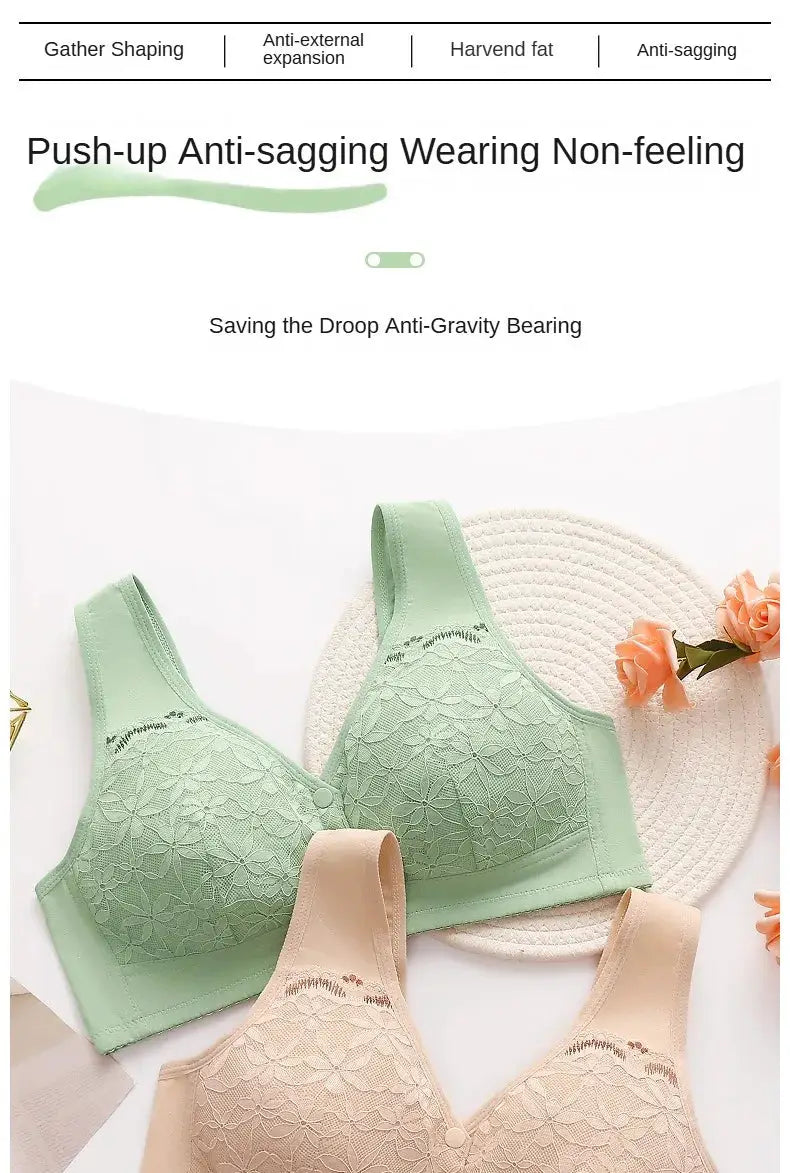 3-piece lace-front bra set in pastel green and nude cotton, non-underwired, XL