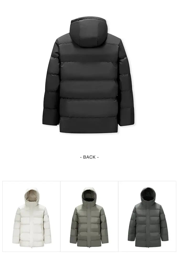 Semir Down Jacket Men, hooded thick puffer coat; back view in black, with white, gray and olive color options.