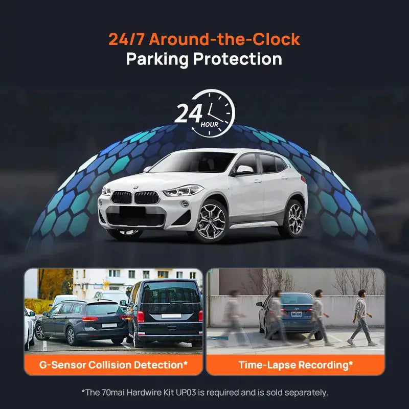 70mai A800SE dash cam; white car with 24/7 parking protection and two panels for G-sensor collision detection