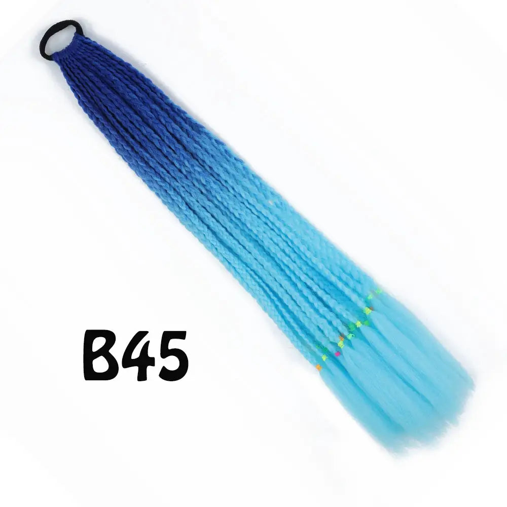 Synthetic gradient braided ponytail extension in dark-to-light blue, 24-inch with elastic band