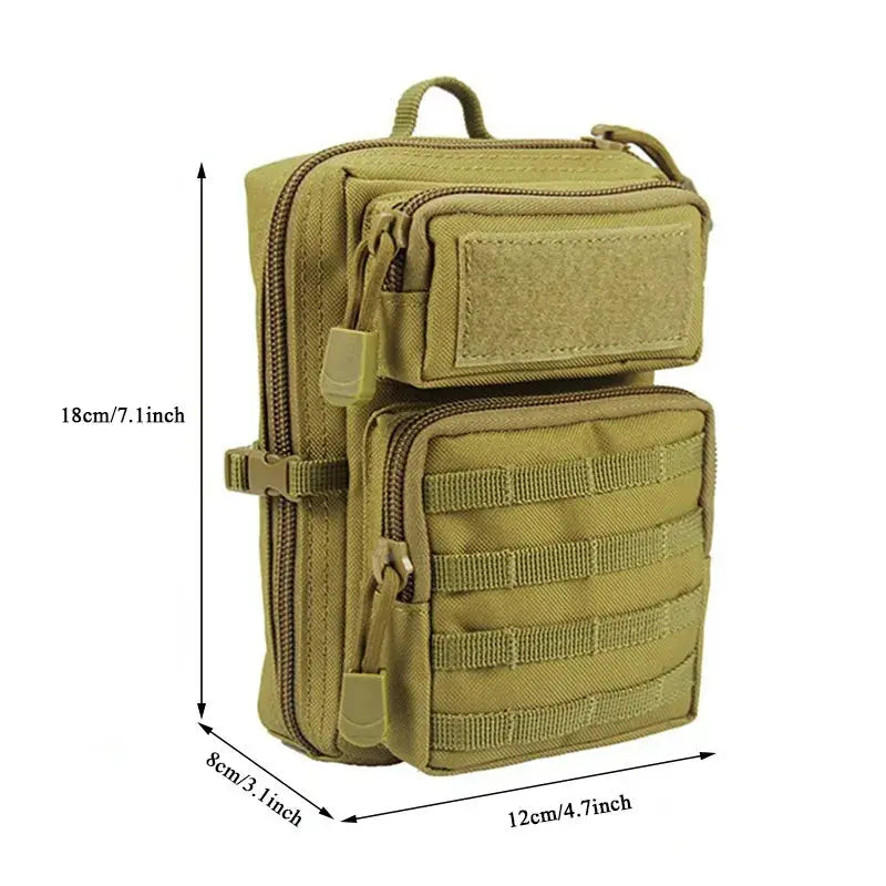 Simples Market tan tactical MOLLE pouch; compact EDC waist bag with multiple pockets.