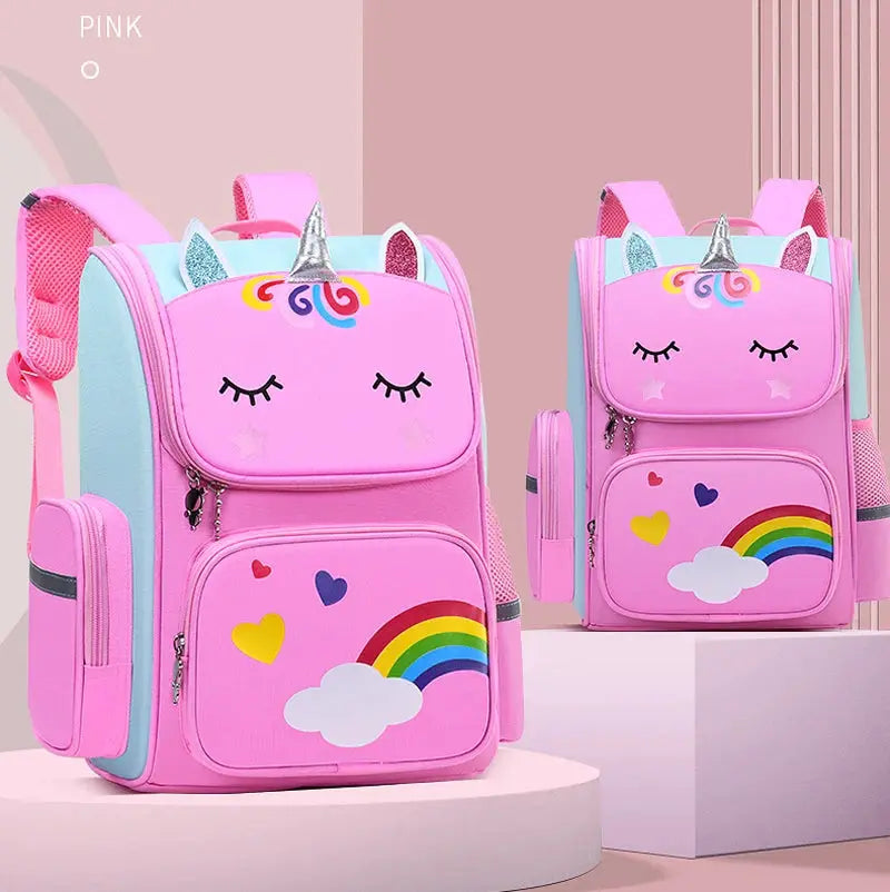 2 pink unicorn kids backpacks with rainbow and clouds; large-capacity, waterproof school bags