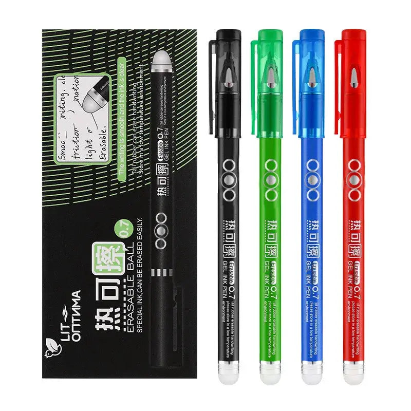 4-pack heat-erasable gel pens with 0.7mm bullet nibs in black, blue, green, and red inks, Ultima packaging.