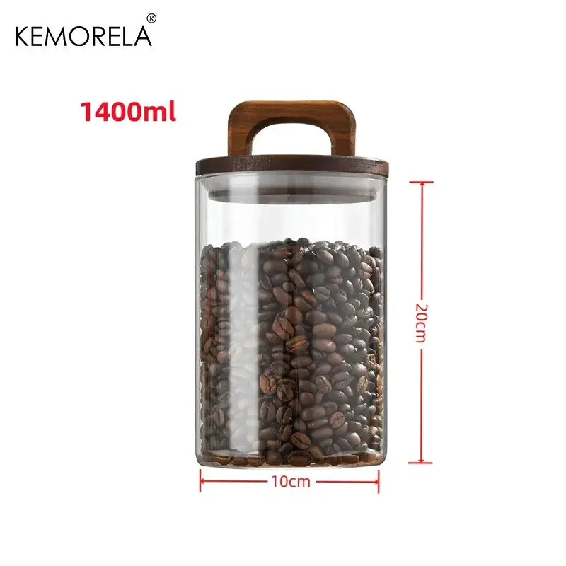 Wood Lid Glass Jar Airtight Canister For Tea Coffee Beans Grounds Candy Kitchen Storage Sealed Jar