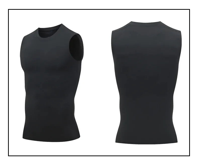Men's black compression tank top, sleeveless quick-dry gym vest; front and back views