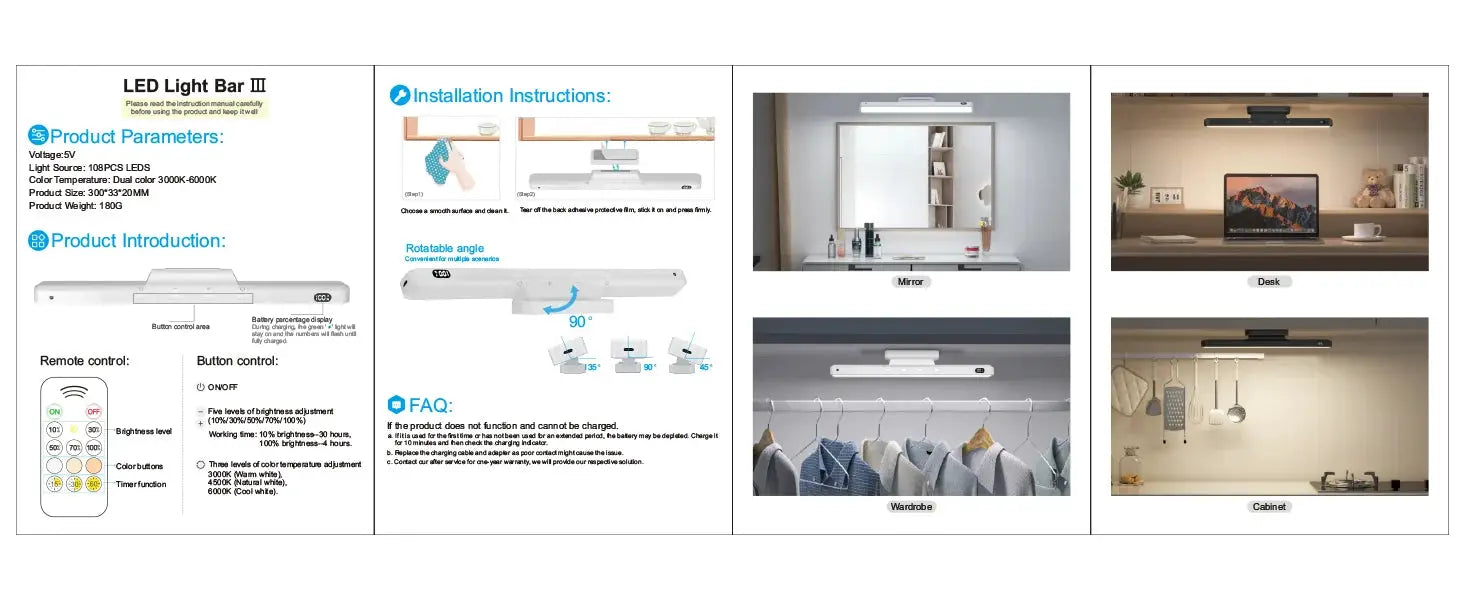 WILLED 5W dimmable makeup light bar; white LED with 2500mAh battery, shown in four locations by Simples Market