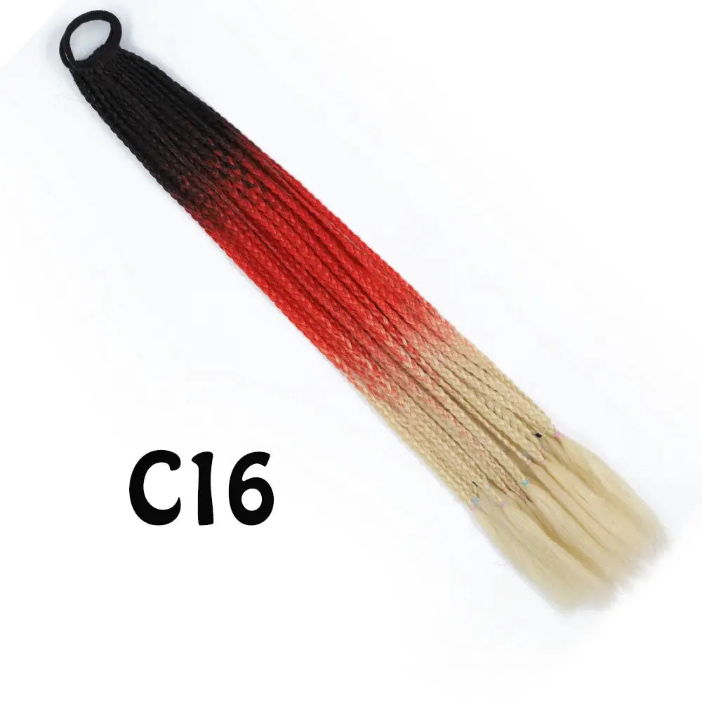 Synthetic gradient rainbow braided ponytail extension, 24in, black to red to blonde with elastic band