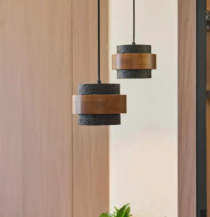 Bar pendant lamp pair from Simples Market in Japanese Wabi Sabi style with black speckled concrete and copper bands